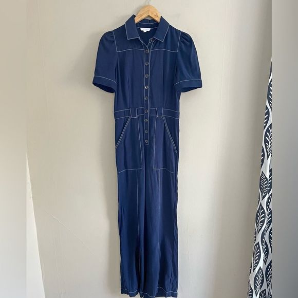 A LOVES A blue contrast stitch retro inspired wide leg button front jumpsuit - Picture 2 of 9